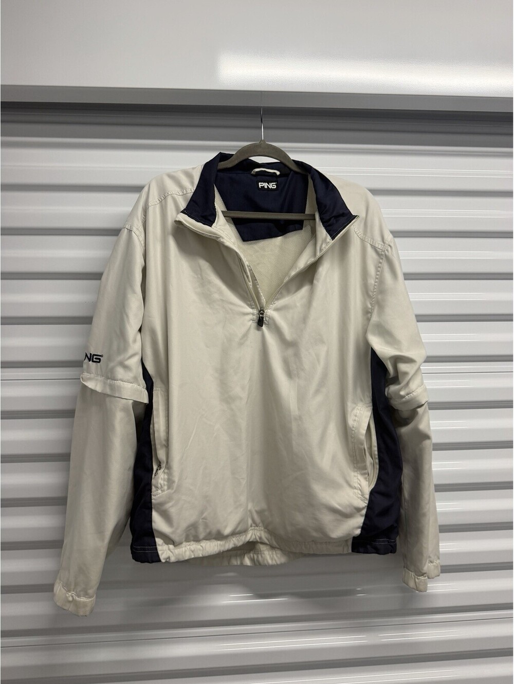 Ping Convertible Jacket Mens Beige Navy Windbreaker 1/4 Zip Embroidered Size L